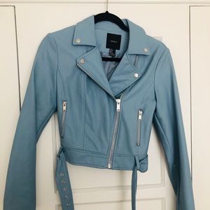 Baby Blue Motto Leather Jacket